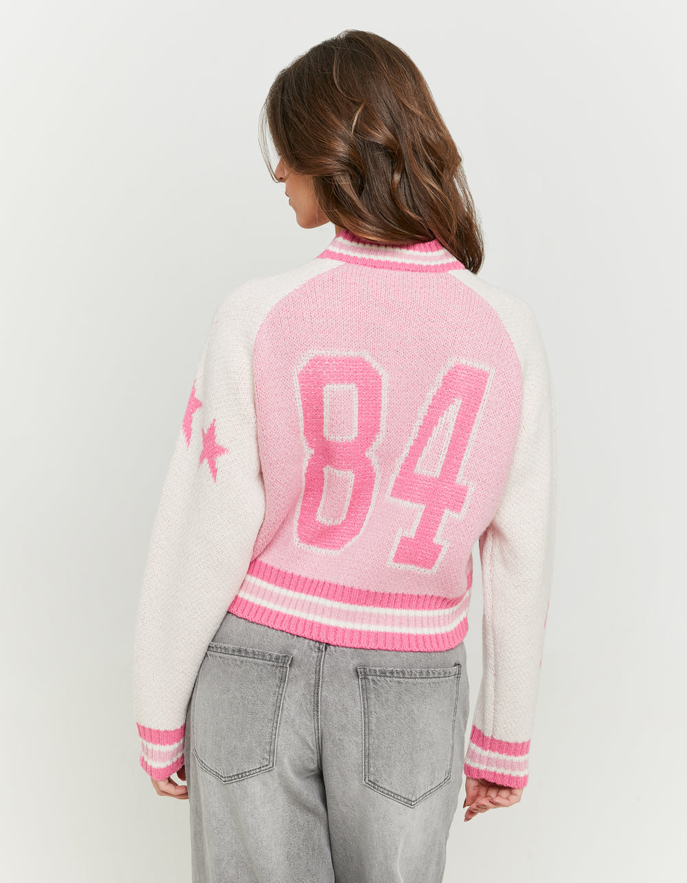 Knitted Zip Up Cardigan Long Sleeves | Pink-Off White