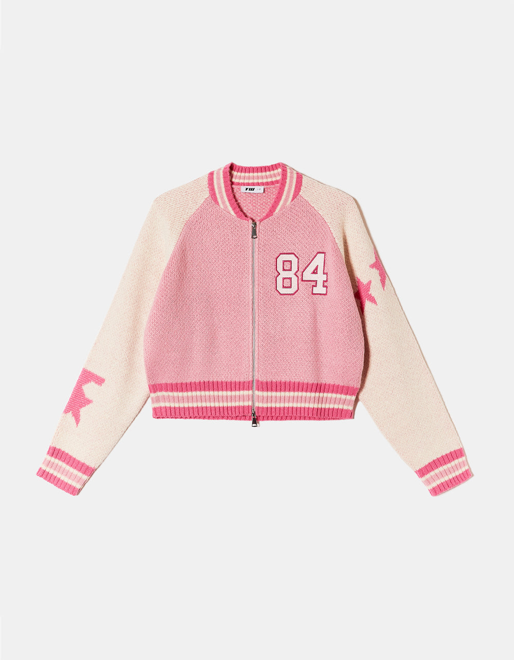 Knitted Zip Up Cardigan Long Sleeves | Pink-Off White