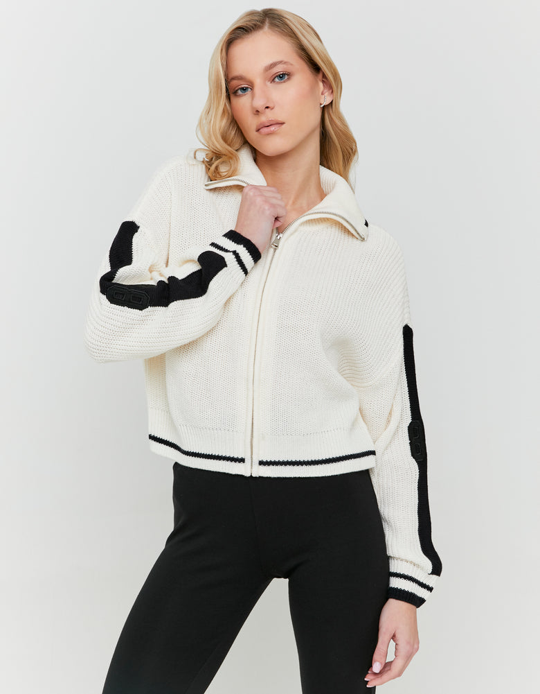 Zip?Up Cardigan with Embroidered Detail | Off White Black