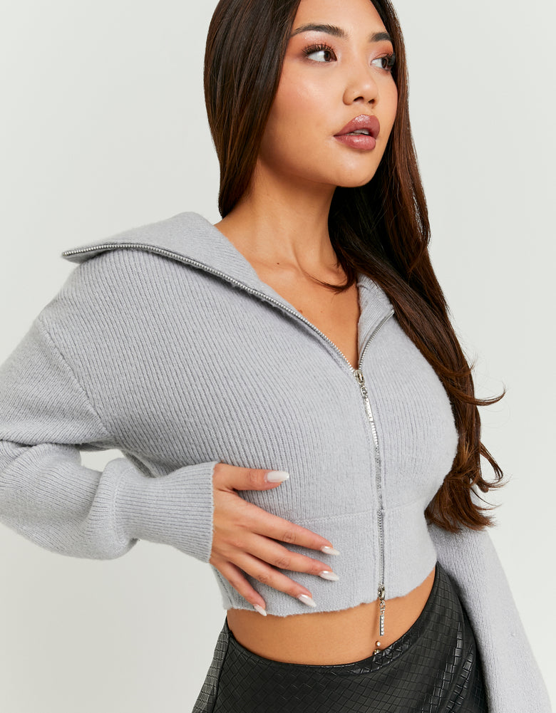 Cropped Zip Up Cardigan | Grey