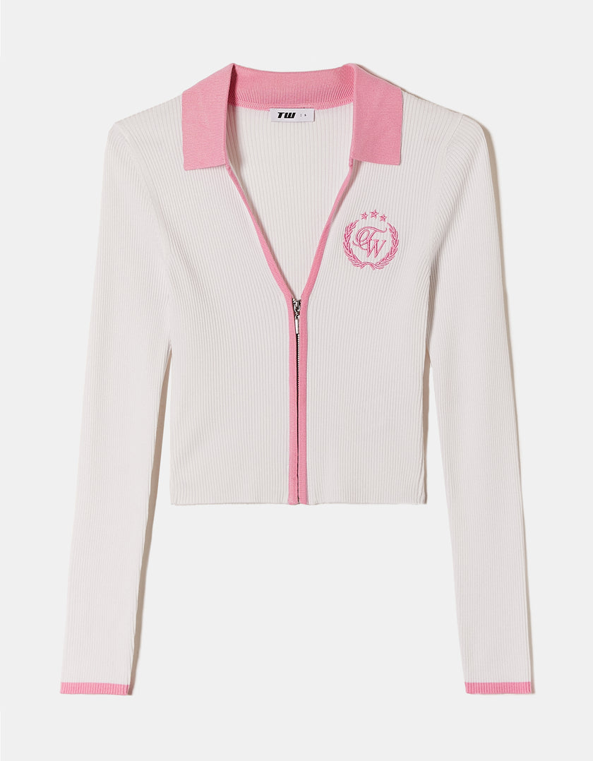 Cropped Cardigan with Polo Neck | White-Pink