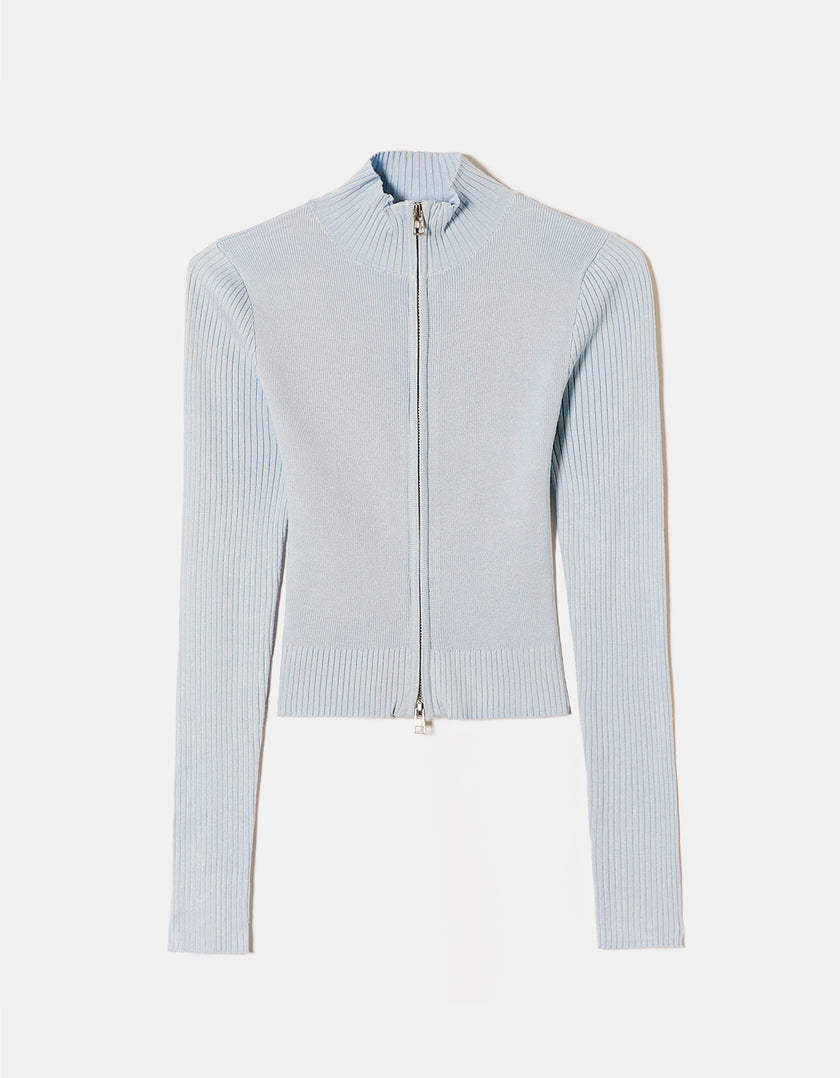 Fitted Zip Up Cardigan Long Sleeves | Blue