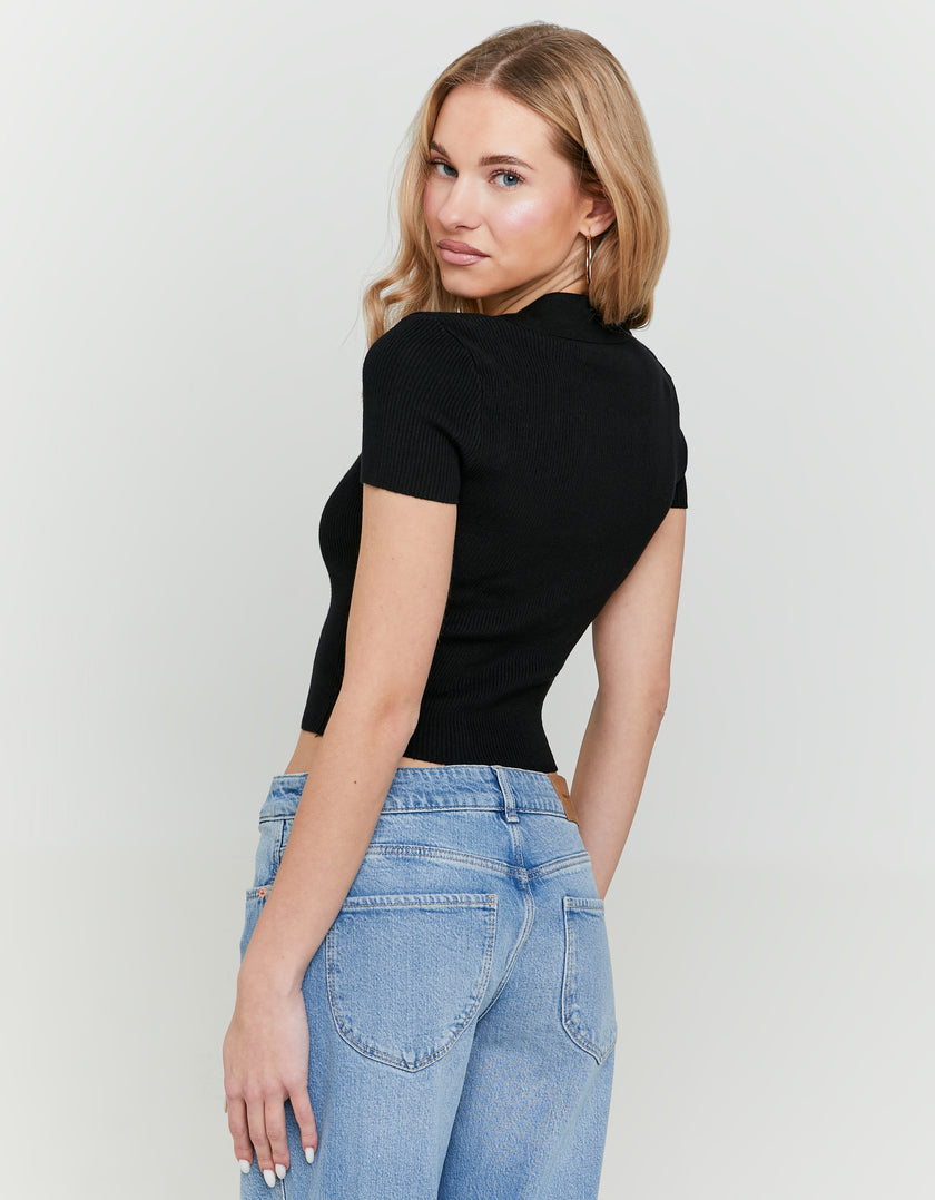 Knit Cardigan with Polo Collar | Black