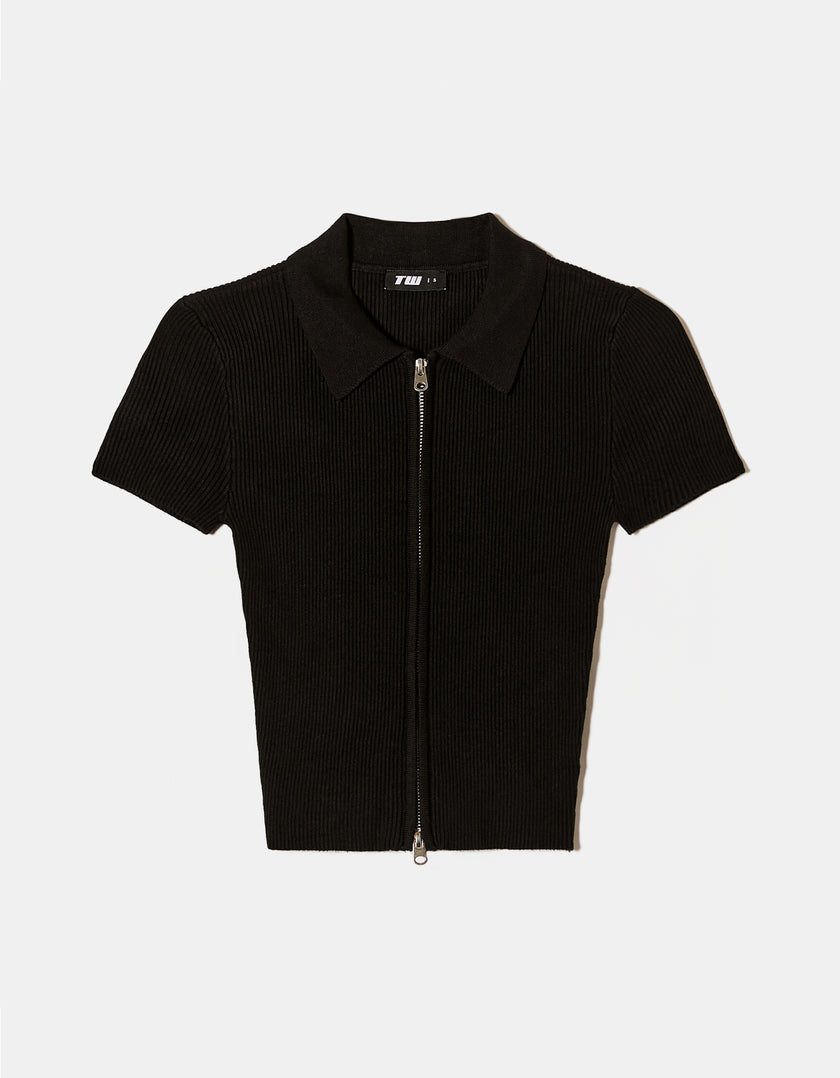 Knit Cardigan with Polo Collar | Black