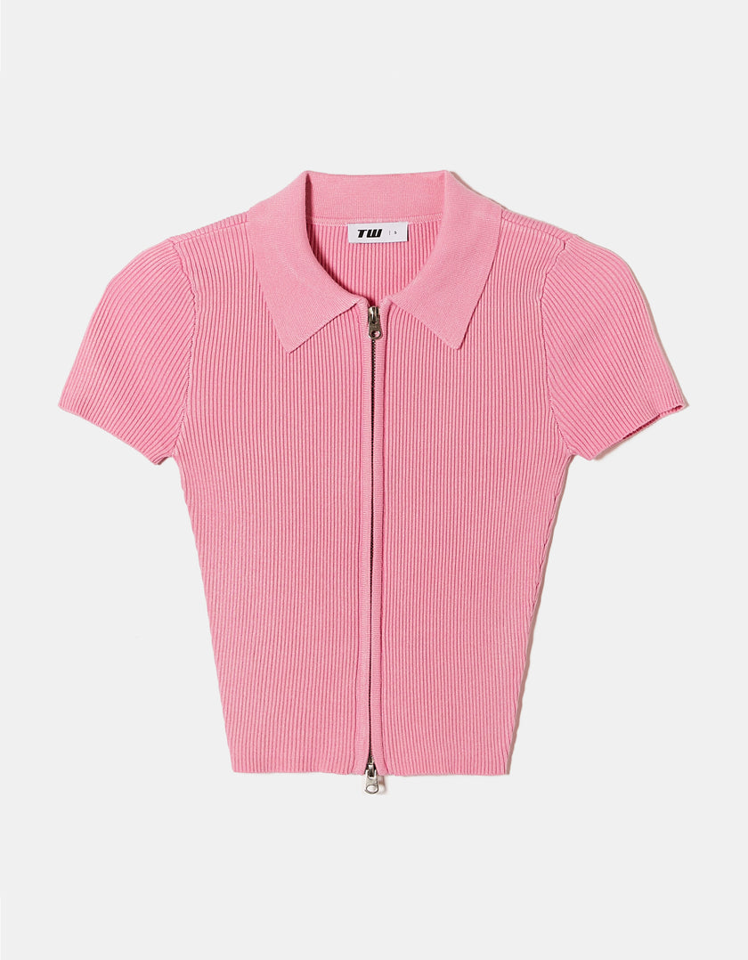 Knit Cardigan with Polo Collar | Pink
