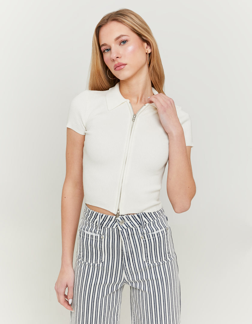 Knit Cardigan with Polo Collar | Off White