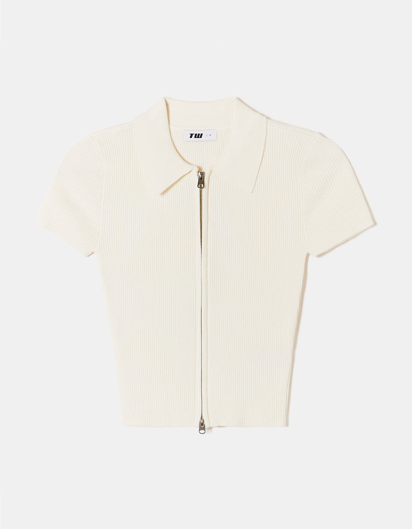 Knit Cardigan with Polo Collar | Off White