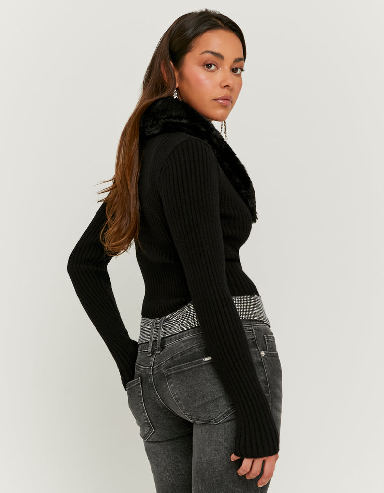 Faux Fur V?Neck Cardigan | Black