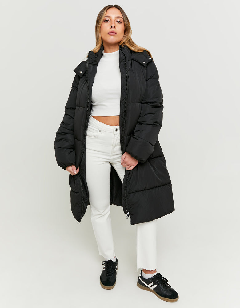 Long Padded Jacket with Hood | Black