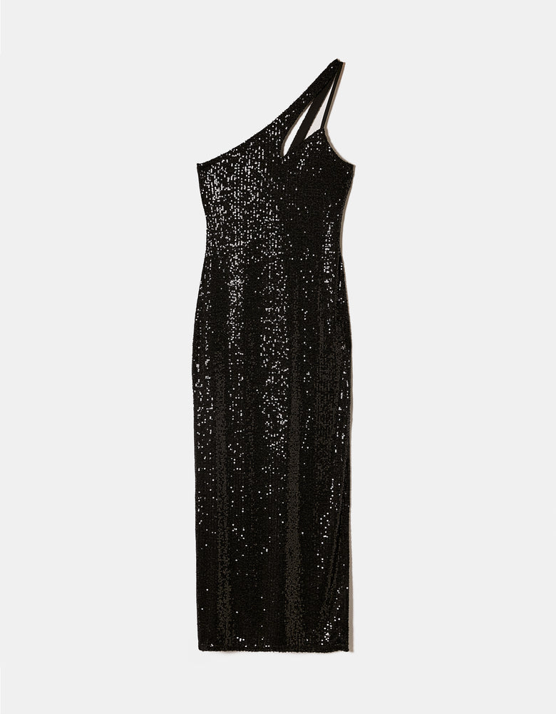 Sequined One Shoulder Maxi Dress | Black