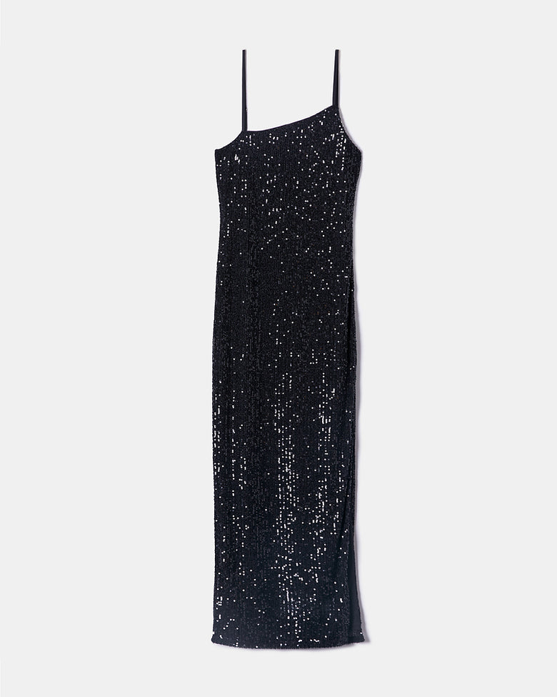 Sequins Midi Dress with Slit | Black Sequins