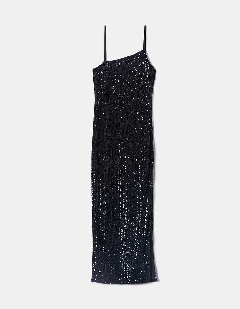Sequins Midi Dress with Slit | Black Sequins
