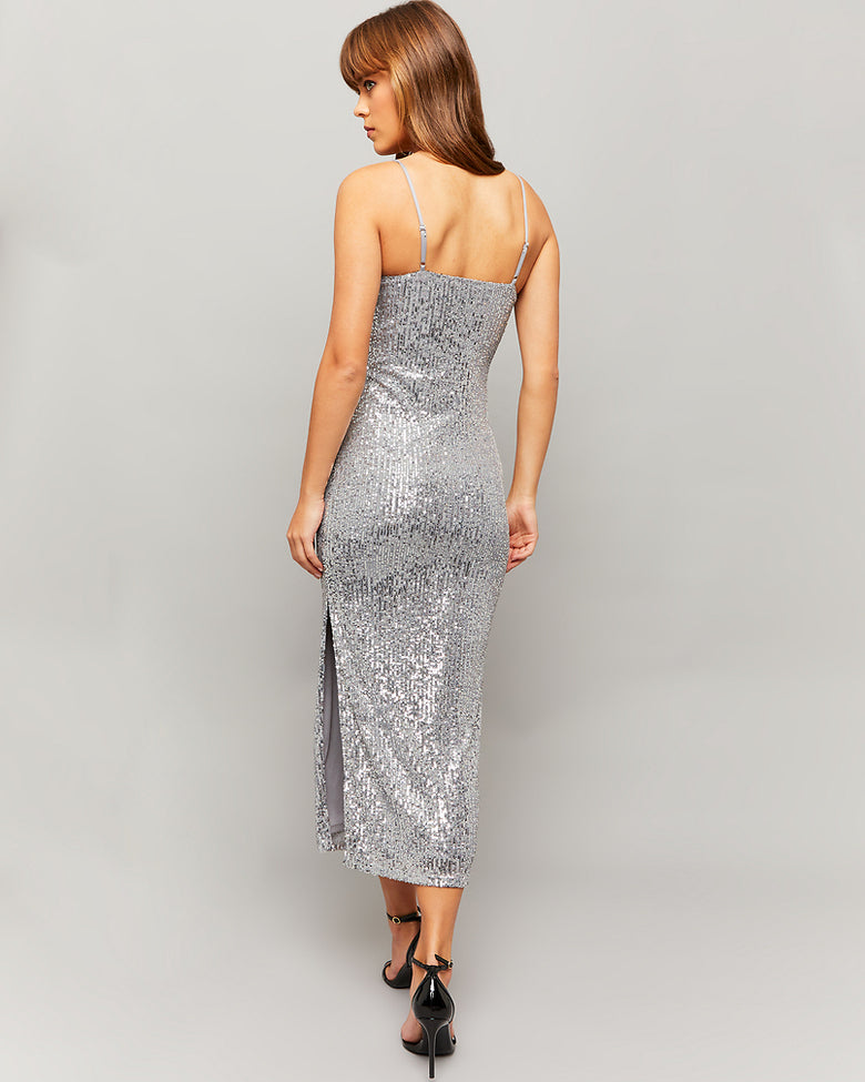 Sequins Midi Dress with Slit | Silver Sequins