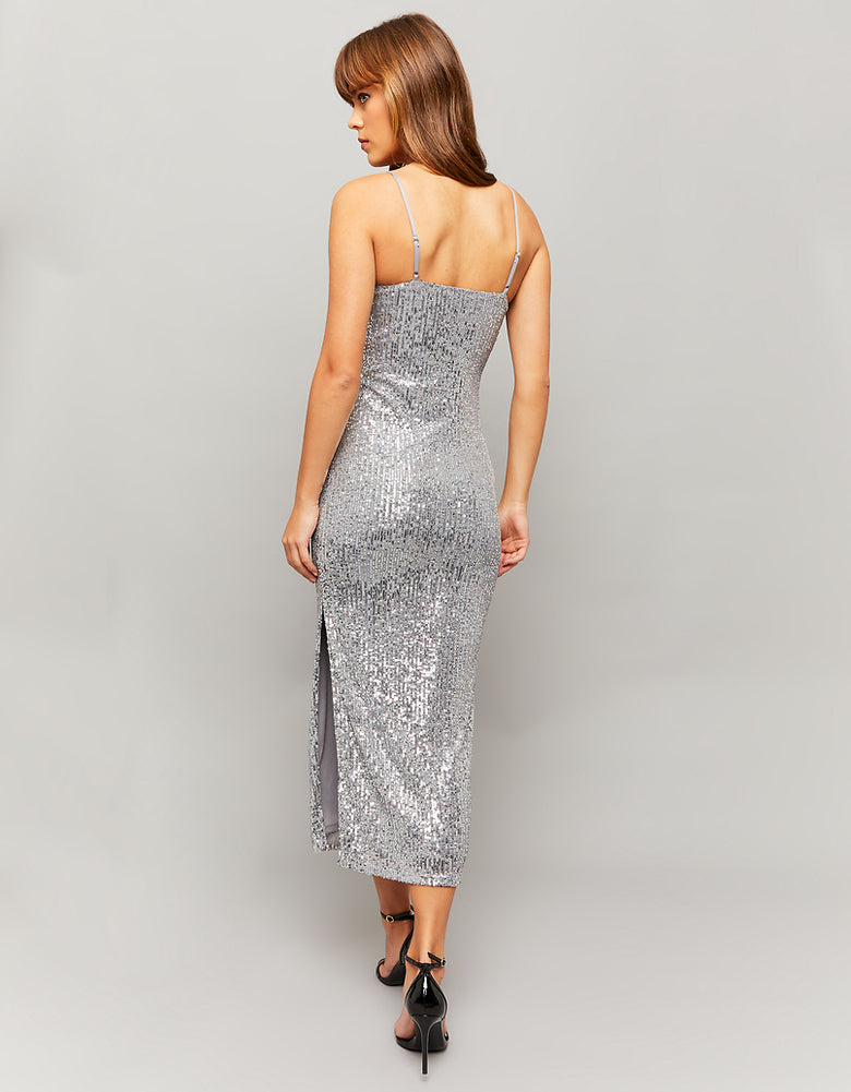 Sequins Midi Dress with Slit | Silver Sequins