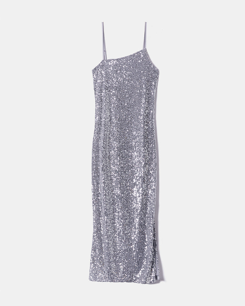 Sequins Midi Dress with Slit | Silver Sequins