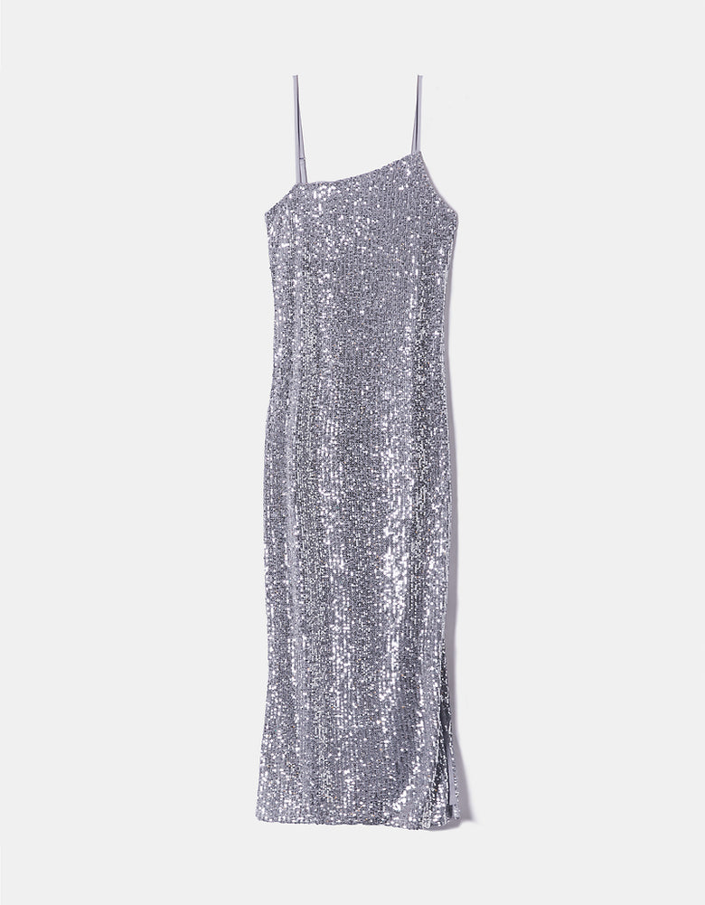 Sequins Midi Dress with Slit | Silver Sequins
