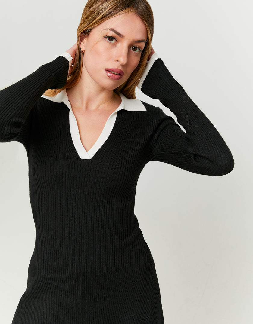 Knitted Dress with White Polo Neck | Black