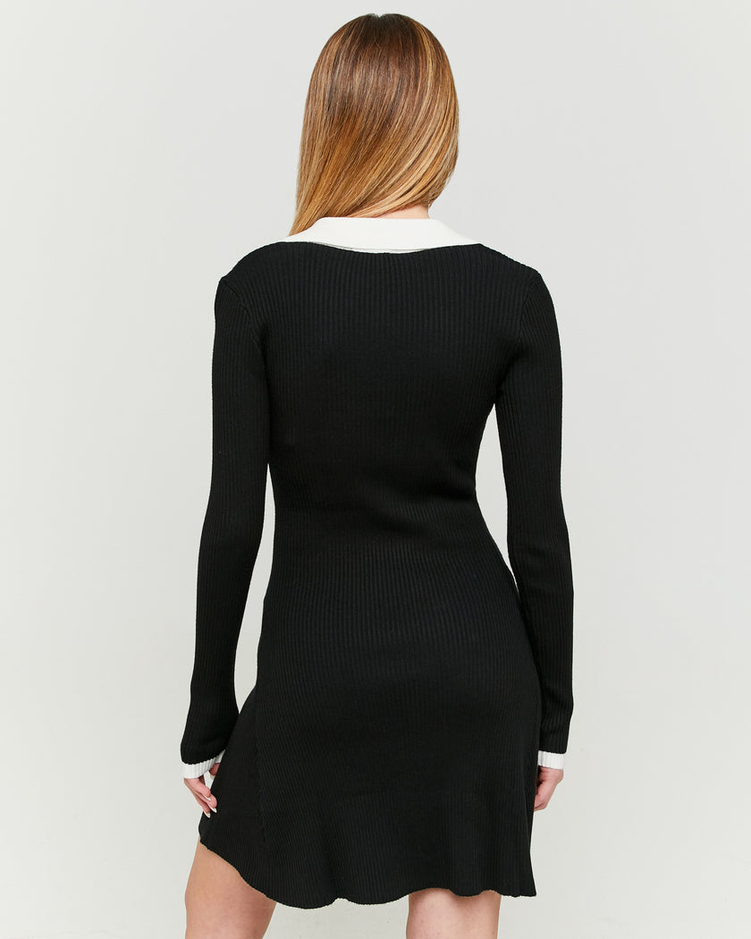 Knitted Dress with White Polo Neck | Black