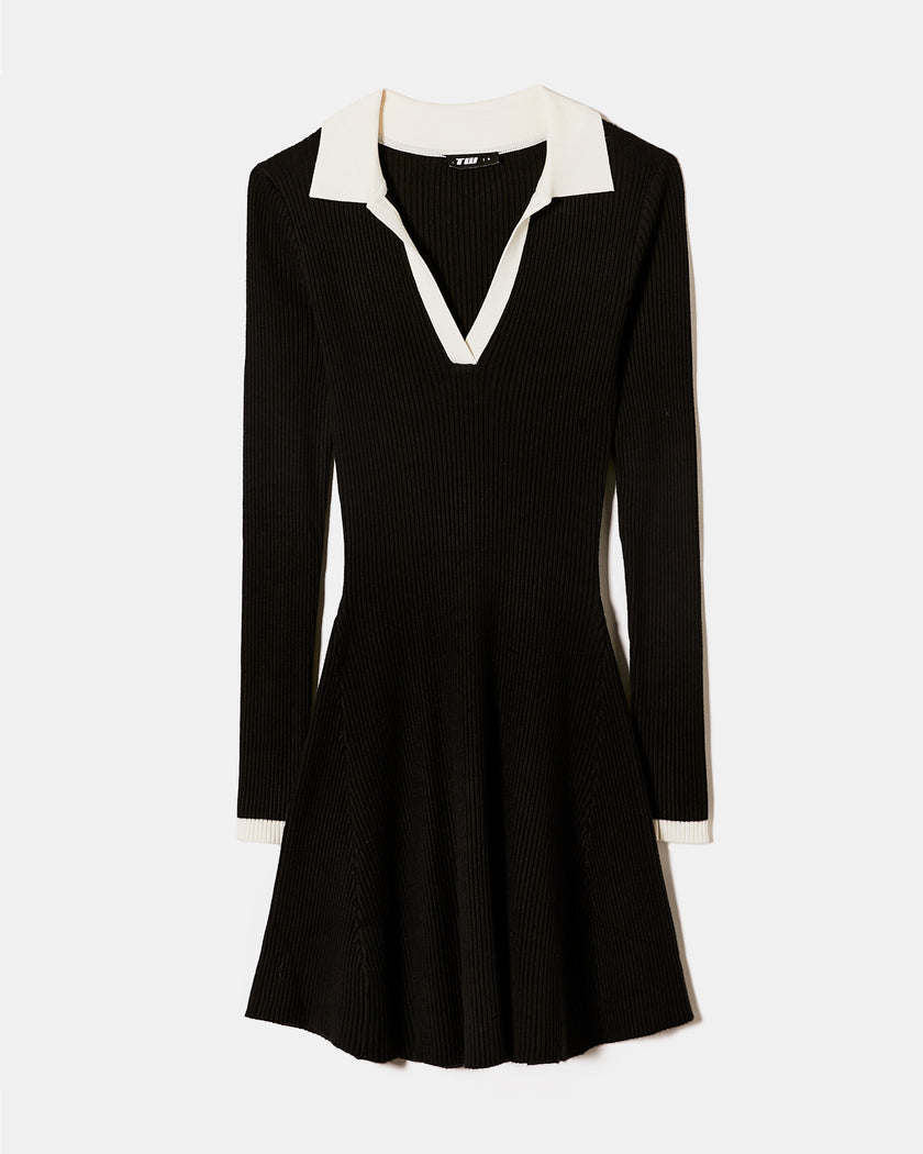 Knitted Dress with White Polo Neck | Black