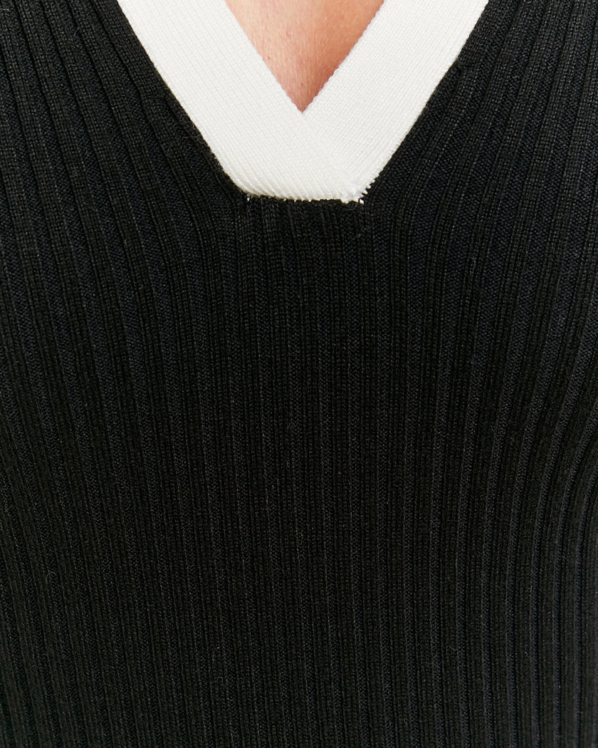 Knitted Dress with White Polo Neck | Black
