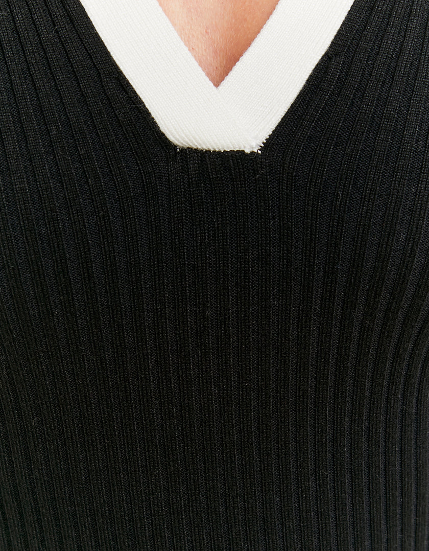 Knitted Dress with White Polo Neck | Black