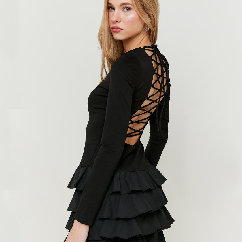 Mini Dress with Ruffles | Black