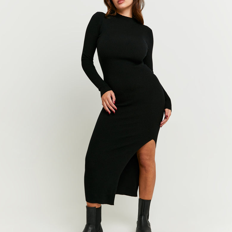 Maxi Knitted Dress with Slit | Black
