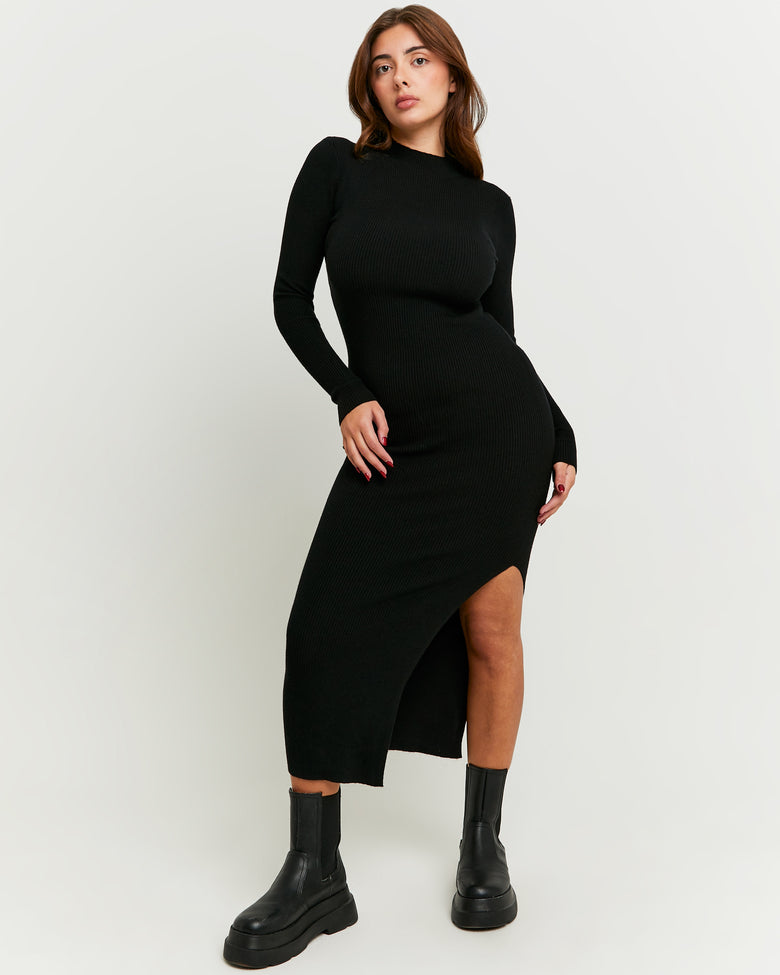Maxi Knitted Dress with Slit | Black