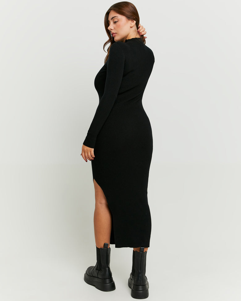 Maxi Knitted Dress with Slit | Black