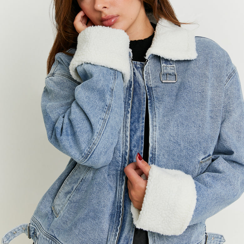 Denim Jacket with Shearling Details | Blue Wash