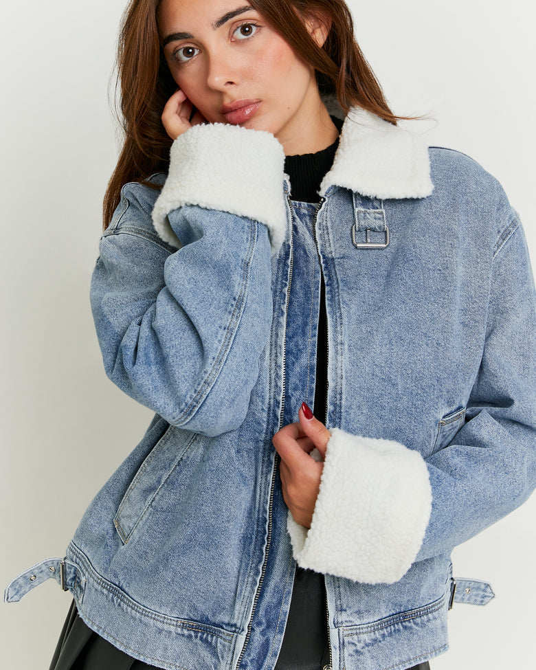 Denim Jacket with Shearling Details | Blue Wash