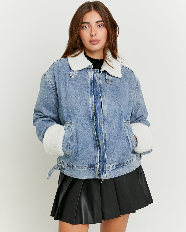 Denim Jacket with Shearling Details | Blue Wash