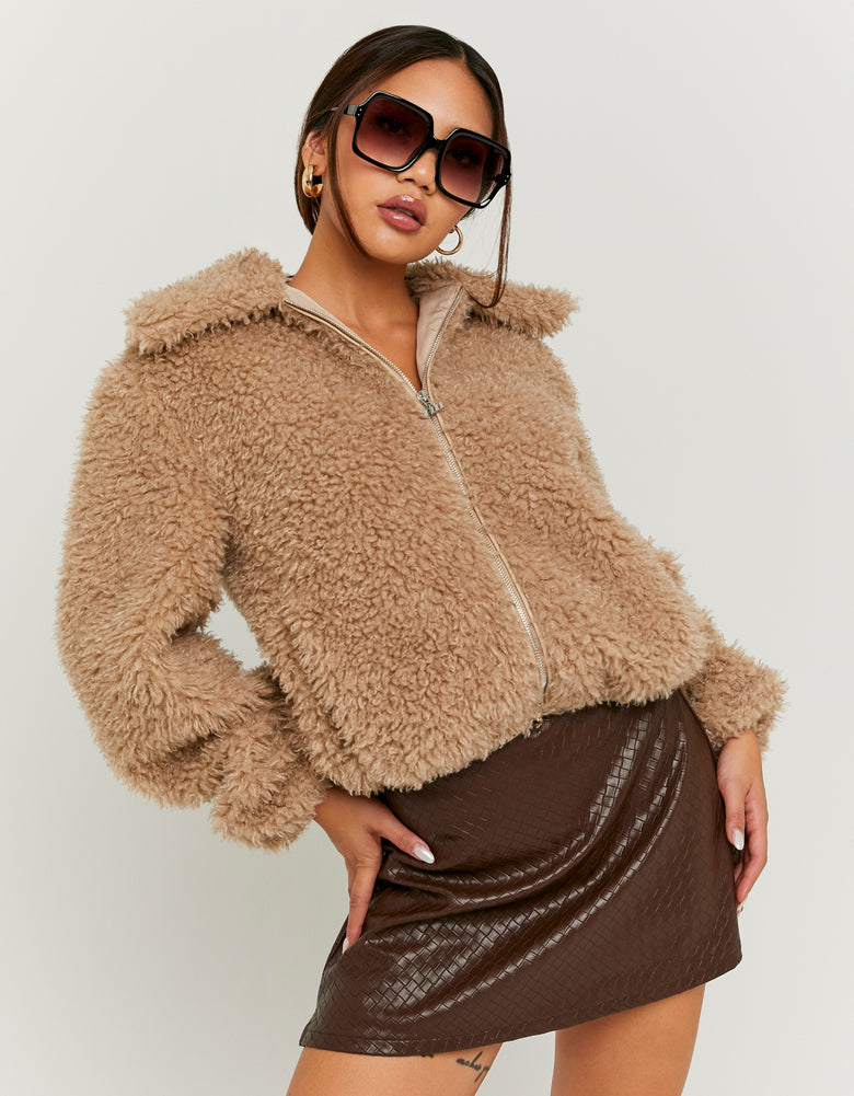 Faux Fur Zip Up Jacket | Beige