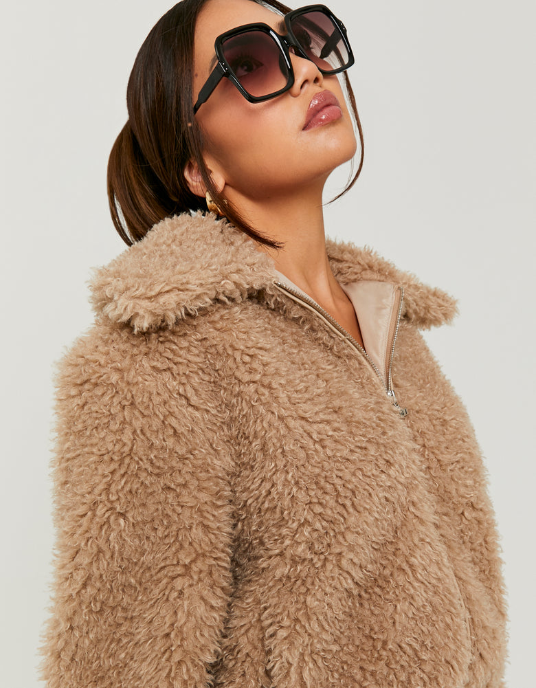 Faux Fur Zip Up Jacket | Beige