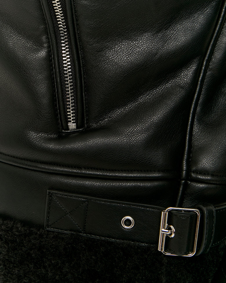 Faux Leather Jacket with Faux Fur | Black