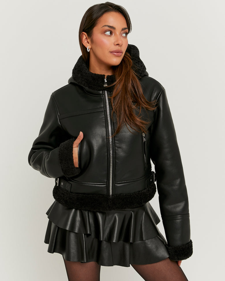 Faux Leather Jacket with Faux Fur | Black