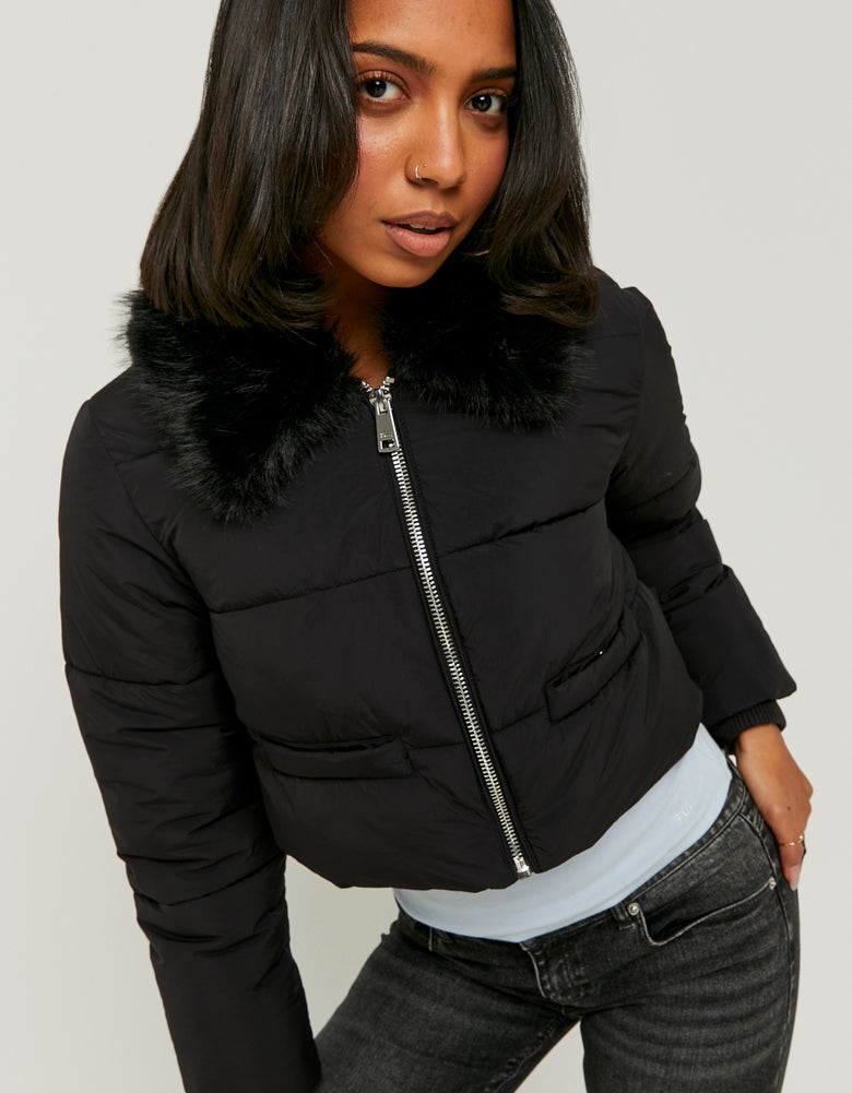 Cropped Jacket With Fur | Black
