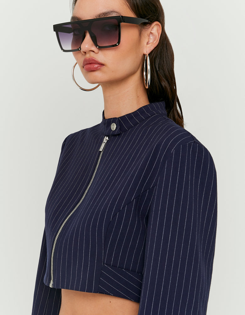 Cropped Blazer with Pinstripes | Navy Striped