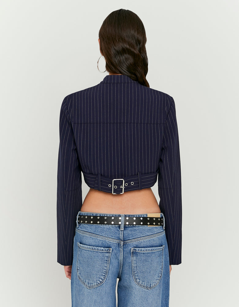 Cropped Blazer with Pinstripes | Navy Striped