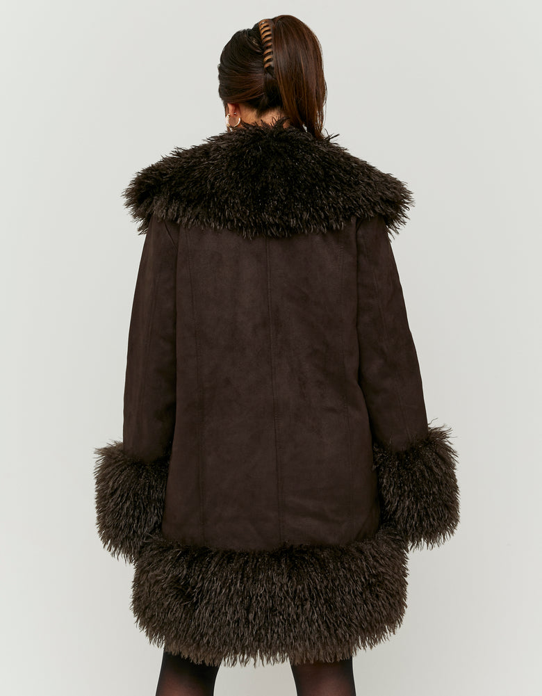 Suede Long Jacket with Faux Fur | Brown