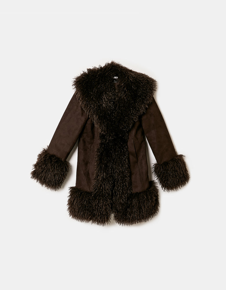 Suede Long Jacket with Faux Fur | Brown