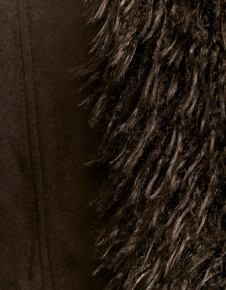 Suede Long Jacket with Faux Fur | Brown