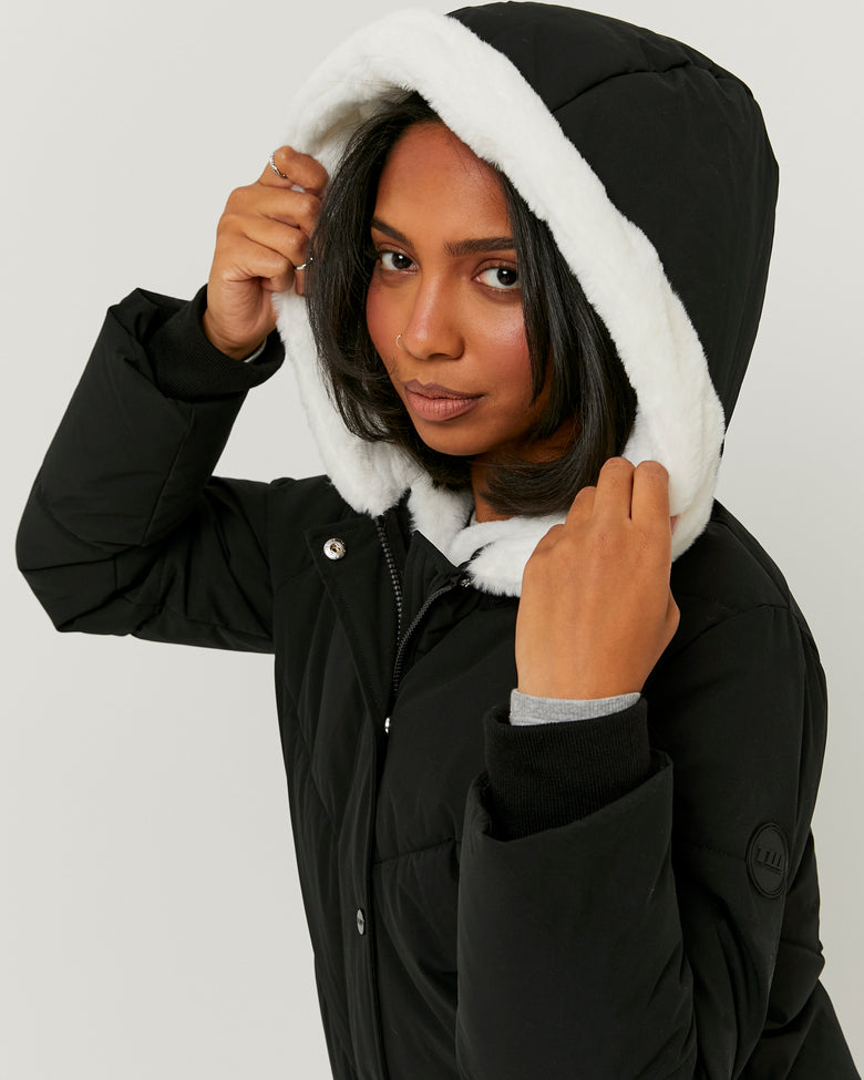 Puffed Jacket with Fur | Black