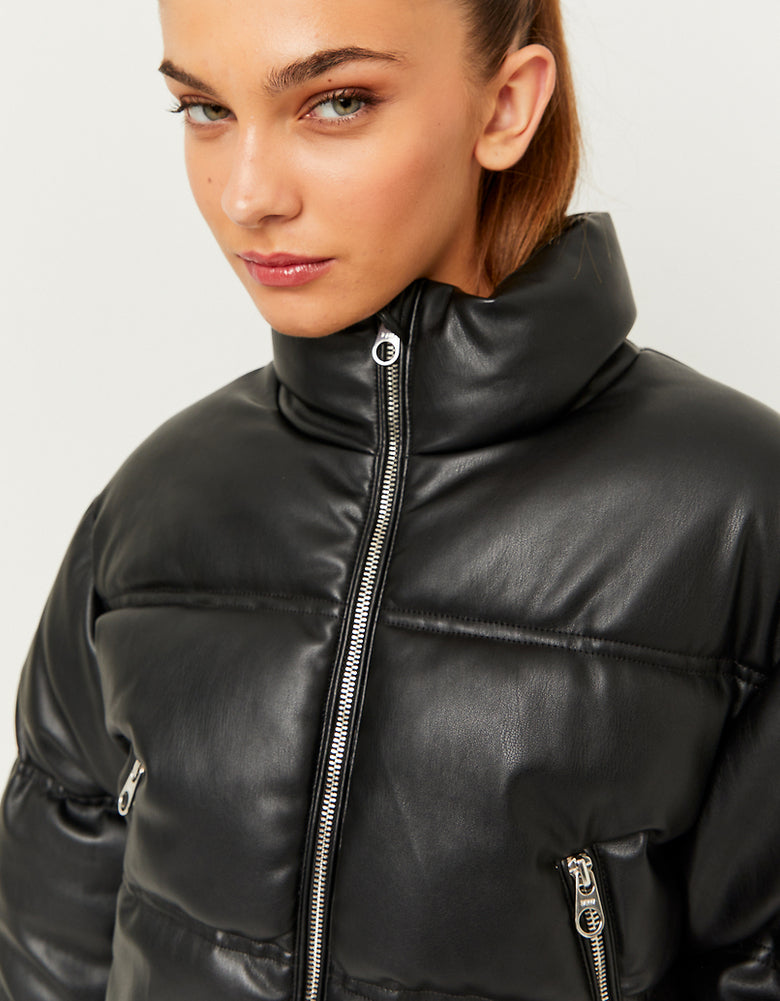 Faux Leather Padded Jacket | Black