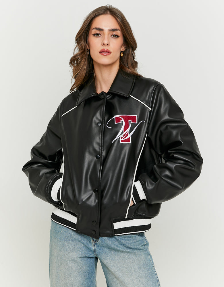 Faux Leather Oversize Varsity Jacket | Black