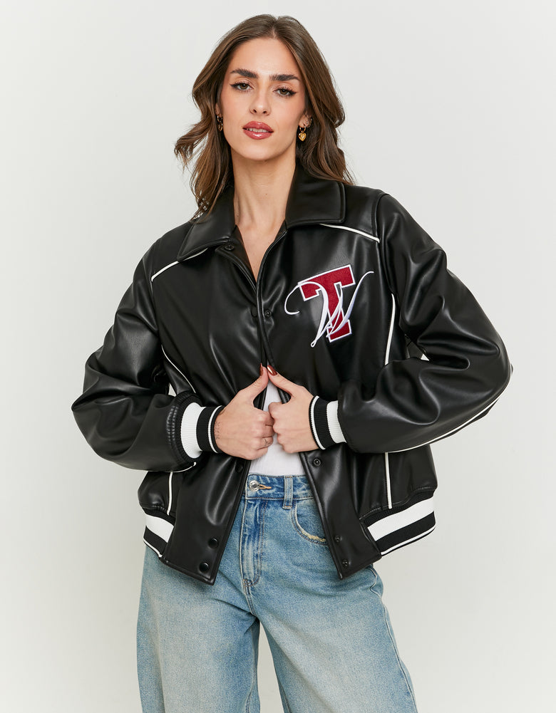Faux Leather Oversize Varsity Jacket | Black