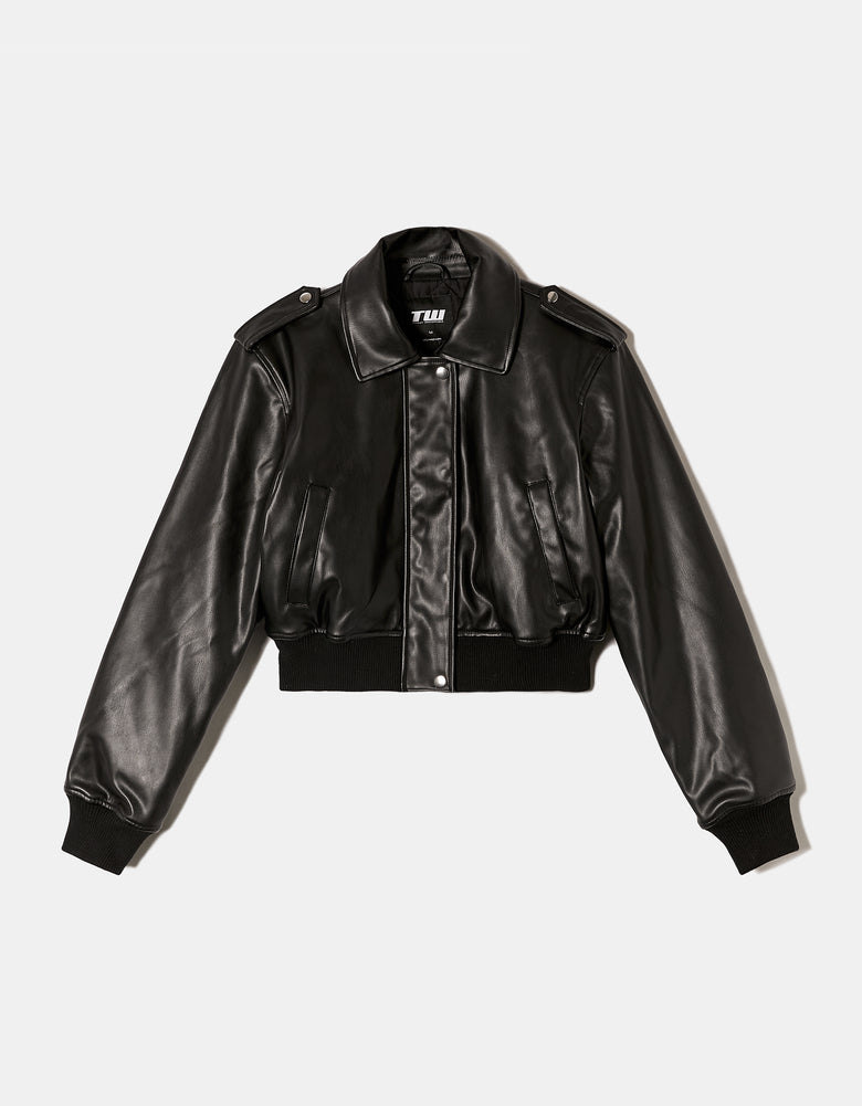 Faux Leather Bomber Jacket | Black