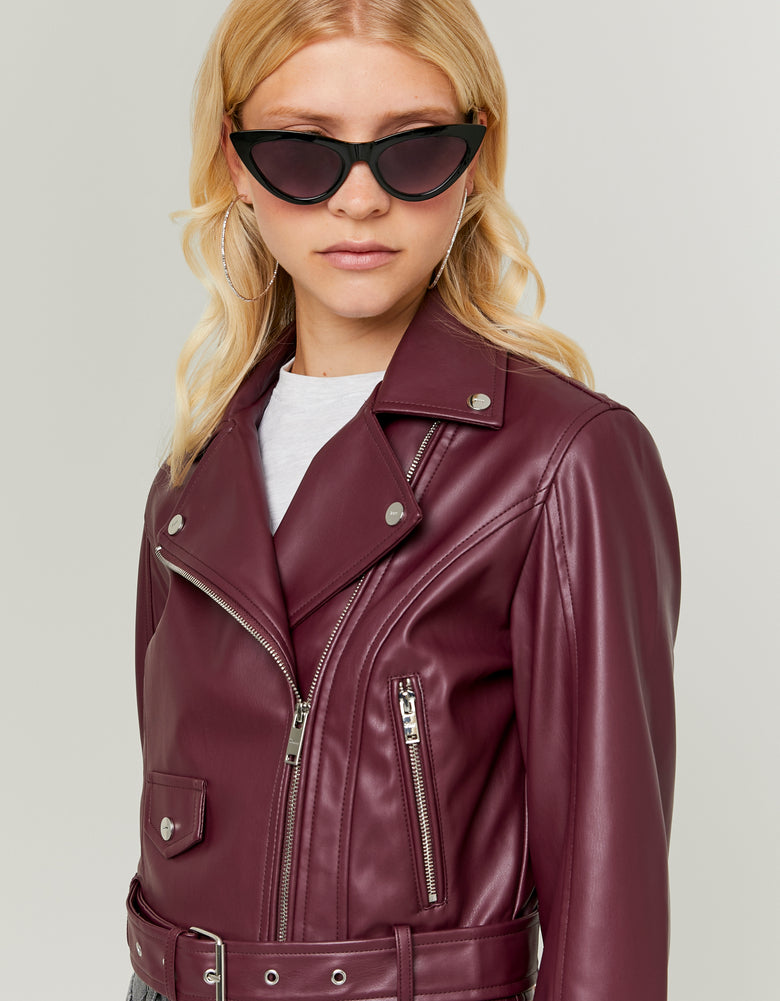 Faux Leather Biker Jacket | Bordeau