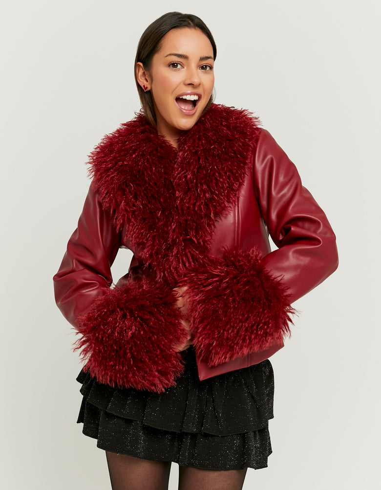 Faux Leather Jacket with Faux Fur | Red