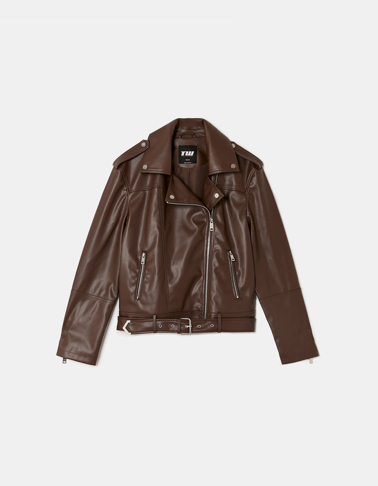 Faux Leather Biker Jacket | Brown